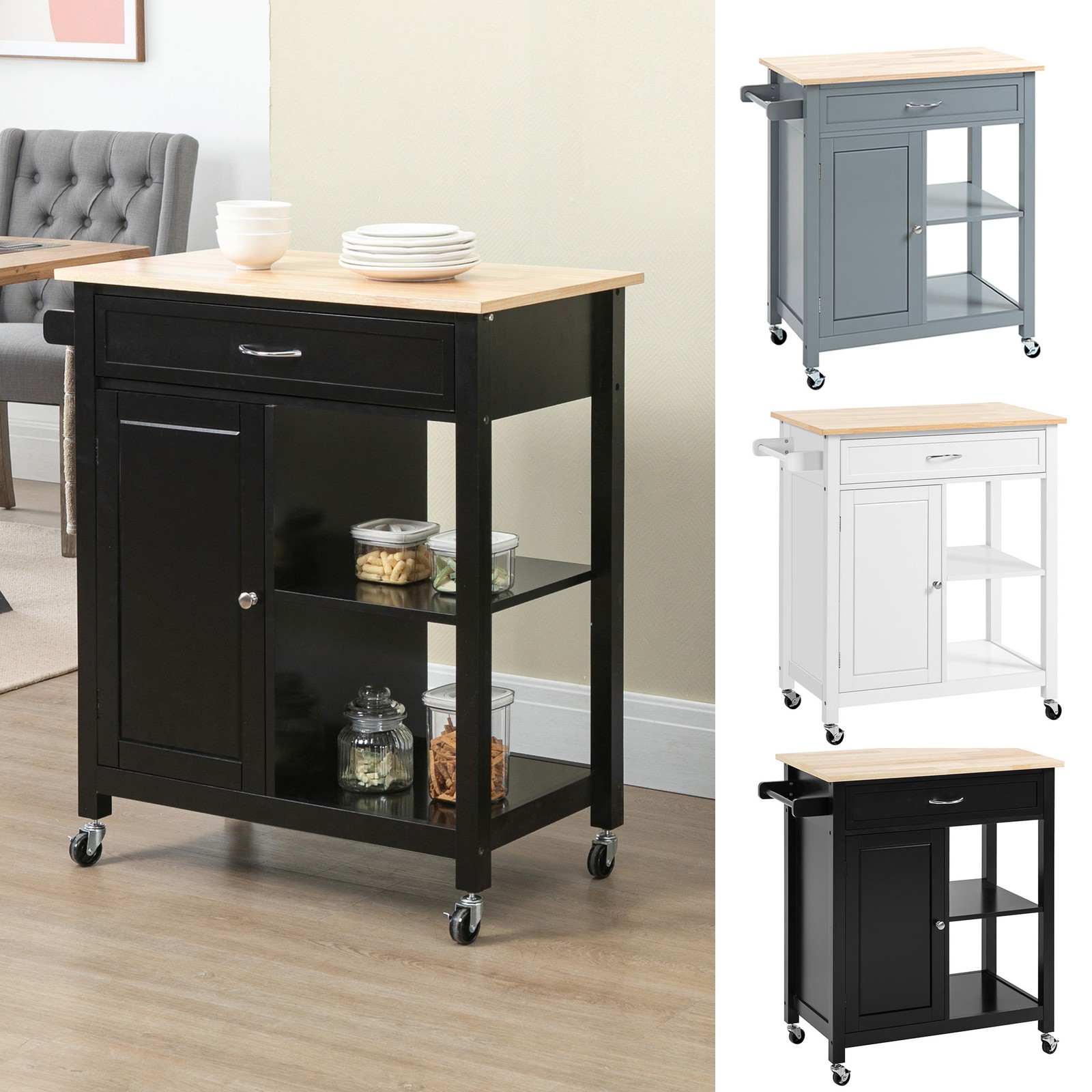 HOMCOM Kitchen Trolley, Wood Top Utility Cart on Wheels with Drawer