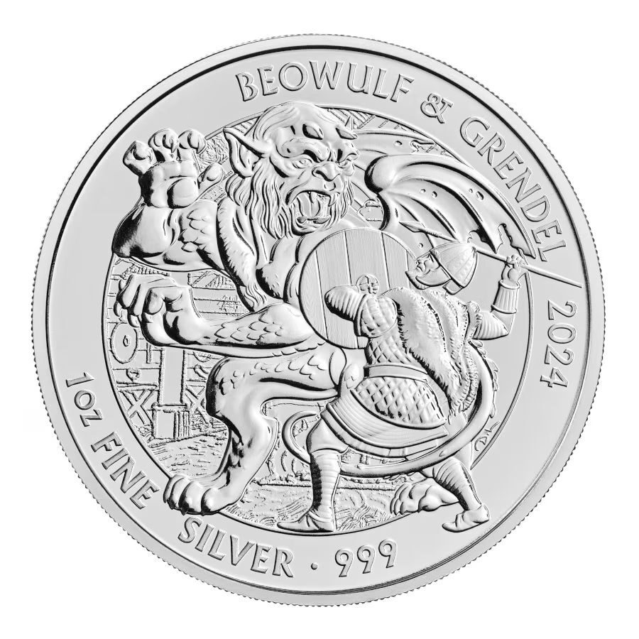 UK Myths & Legends Series 2024 Beowulf & Grendel 1 oz Silver Coin in capsule