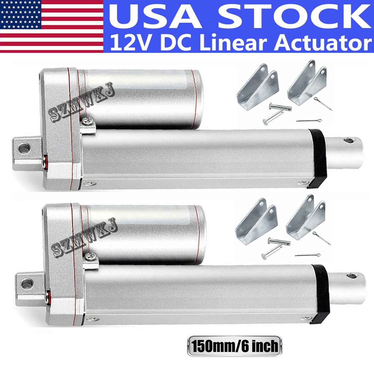 2PCS Heavy Duty 6" Stroke 12V Linear Actuators 330 Lb Pound Lift +Mount Brackets