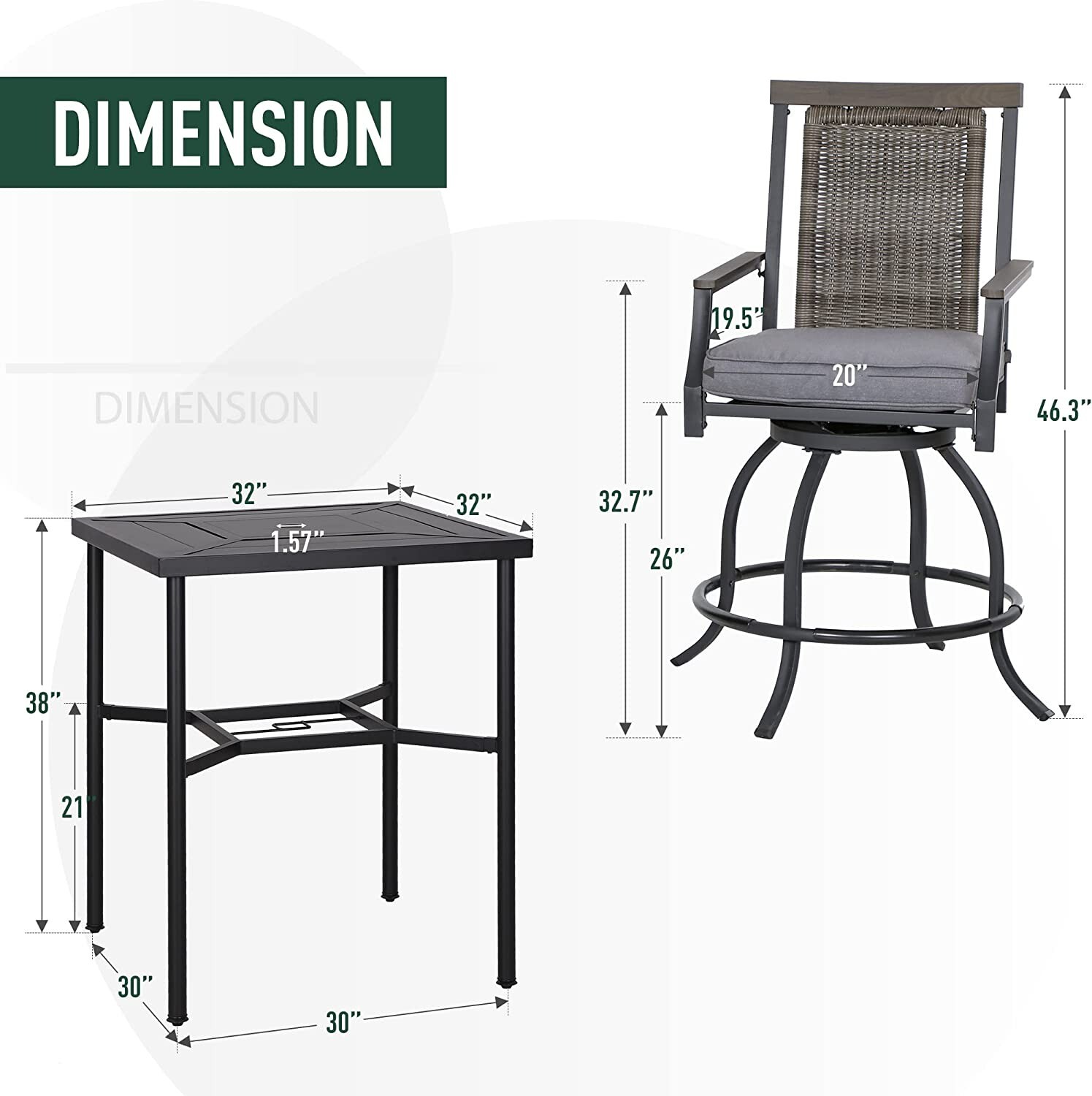 PHI VILLA 3 Piece Outdoor Bar Table Set Patio Swivel Barstool Bar Height Tables