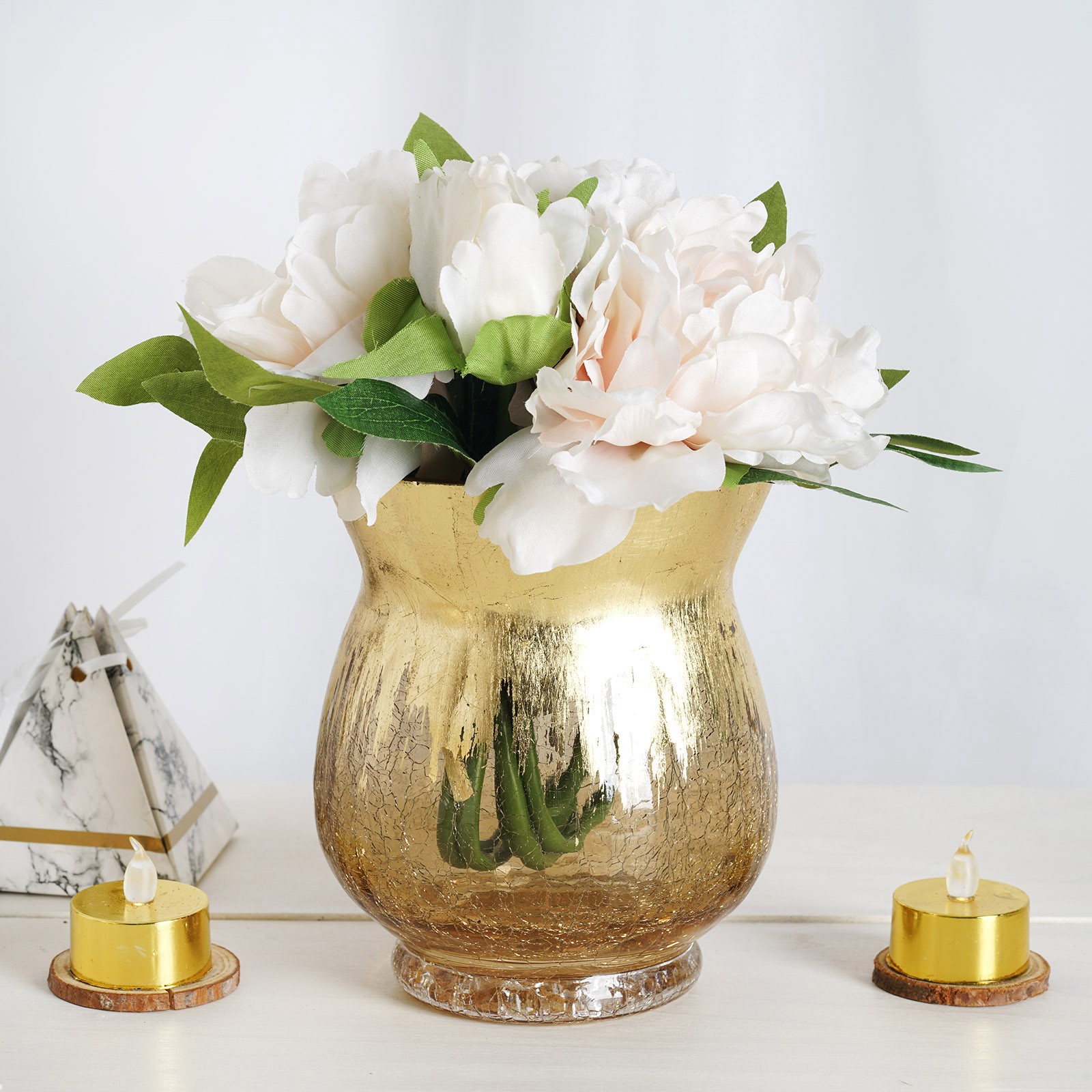 6 GOLD 6" tall Crackle Glass Candle Holders Vases Wedding Party Centerpieces