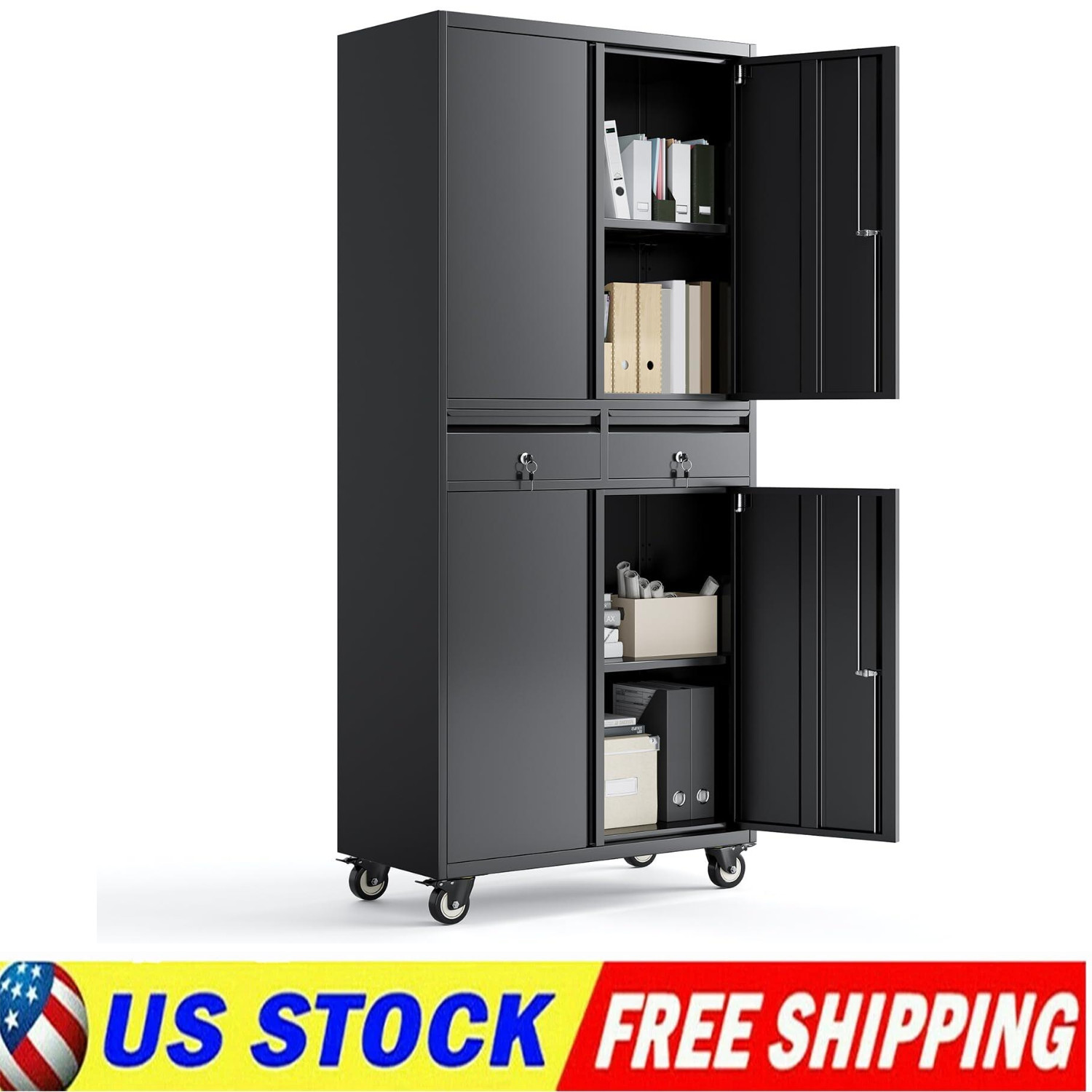 2 - Tier Metal Storage Cabinet with Key Lock Wheels Office Garage File Cabinet
