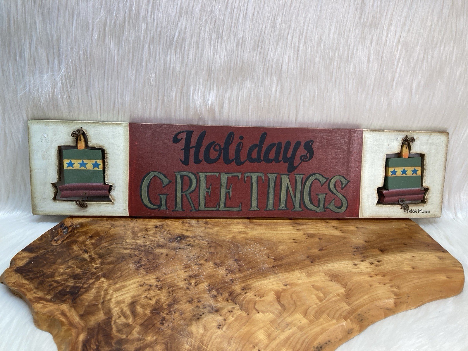 Debbie Mumm Wooden Christmas Sign “Holidays Greetings” 23” Long Primitive