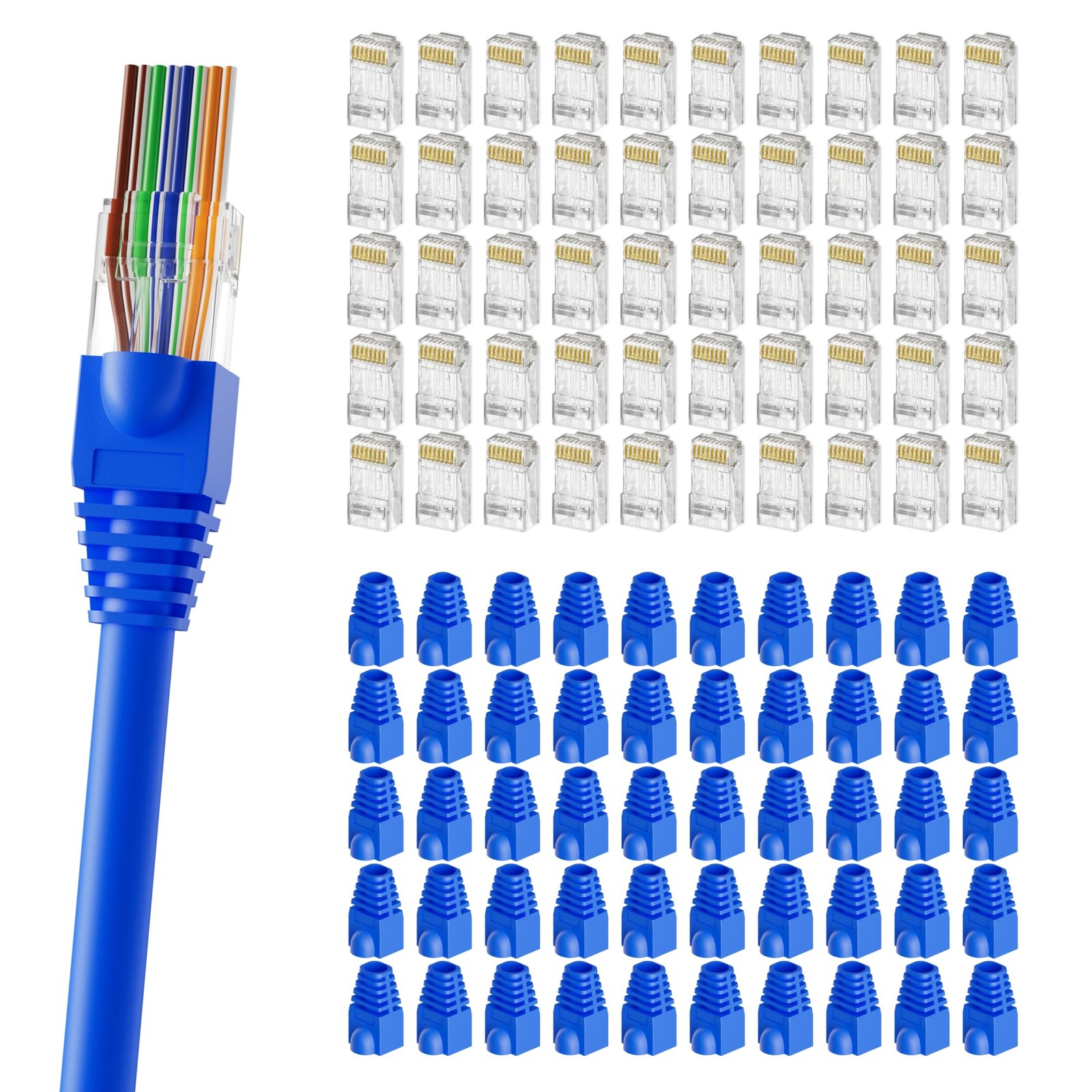 100-Pack Pass-Through RJ45 Connector with Blue Strain Relief Boots, Gold Plat...