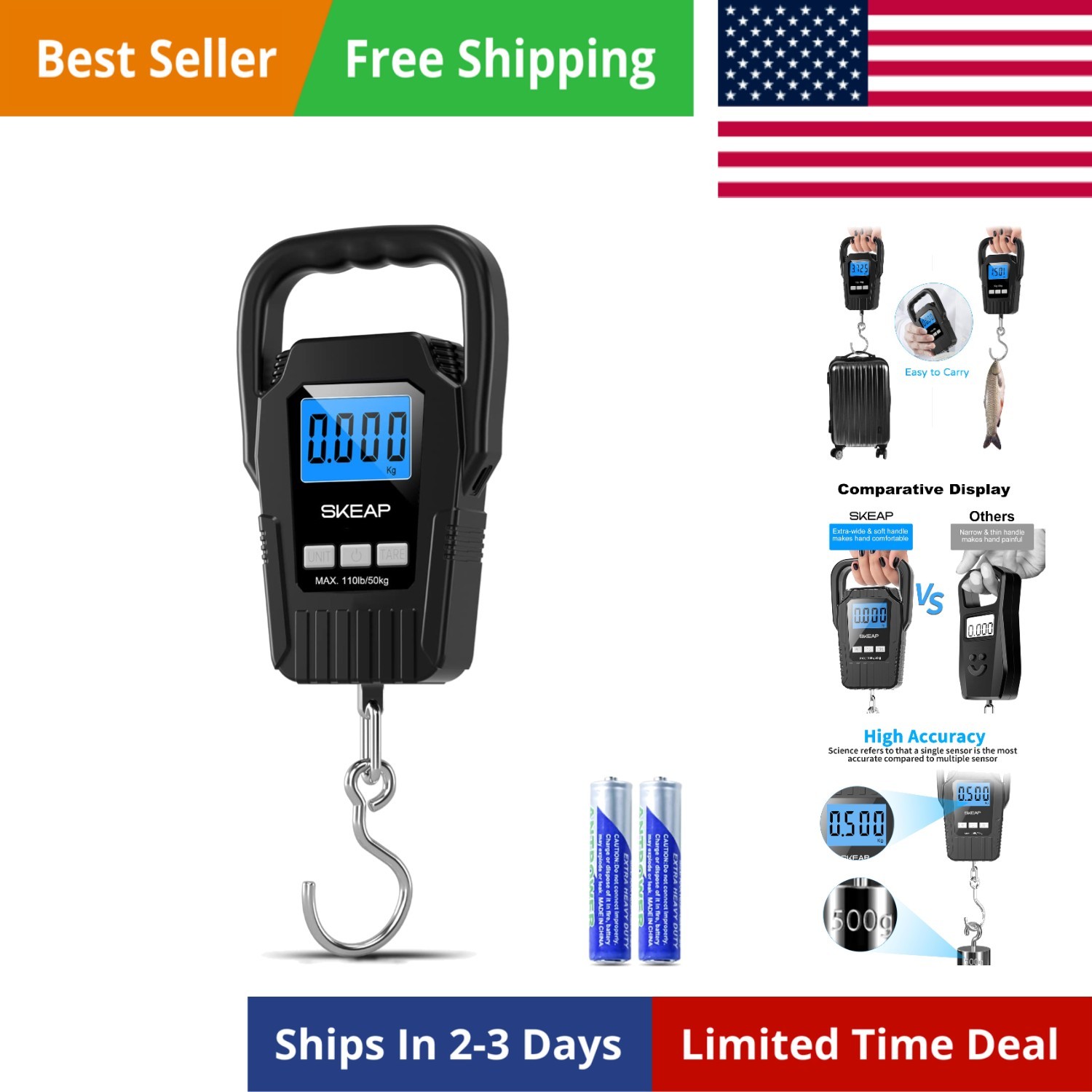 Digital Fish Scale Hanging Scale Fishing Scale, SKEAP 110Lb/50Kg Luggage Scale,F