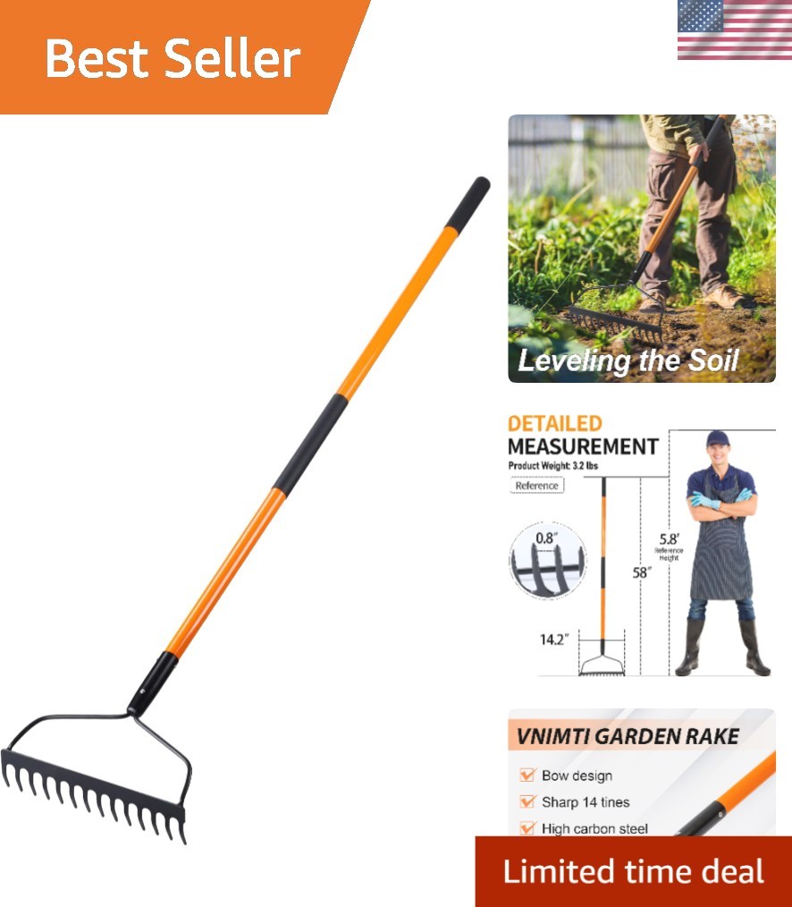 Durable 14 Tines Bow Rake with Carbon Steel Head and Non-Slip Grip, 58''