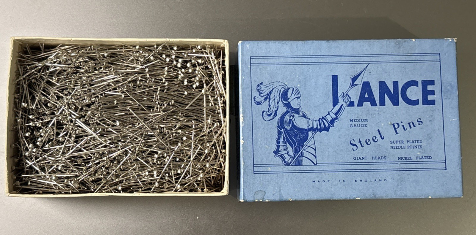 Vtg Lance 1lb No.17 Medium Gauge Steel Pins Giant Heads Nickel Plated Sewing