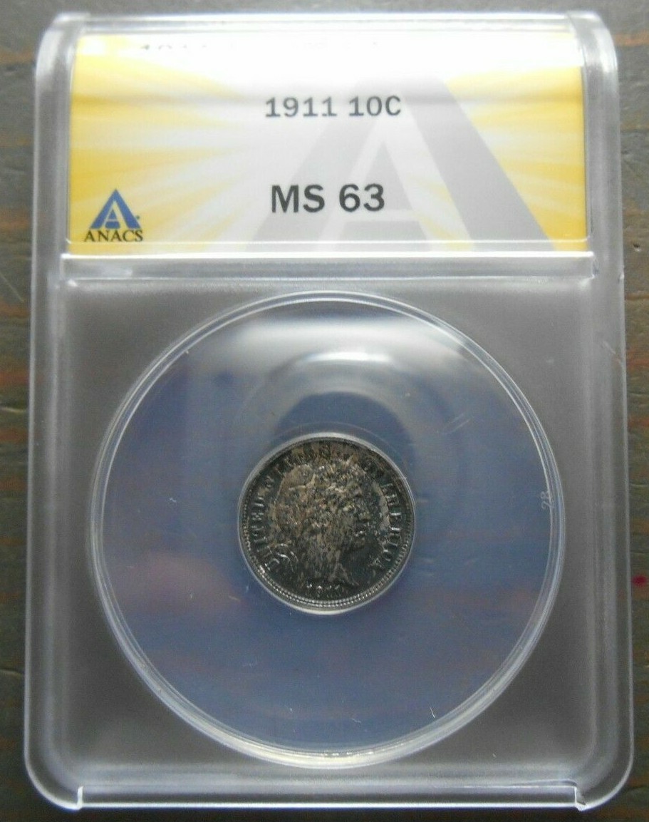 1911 Barber Dime  10c  ANACS  MS63 - Nice Uncirculated Coin