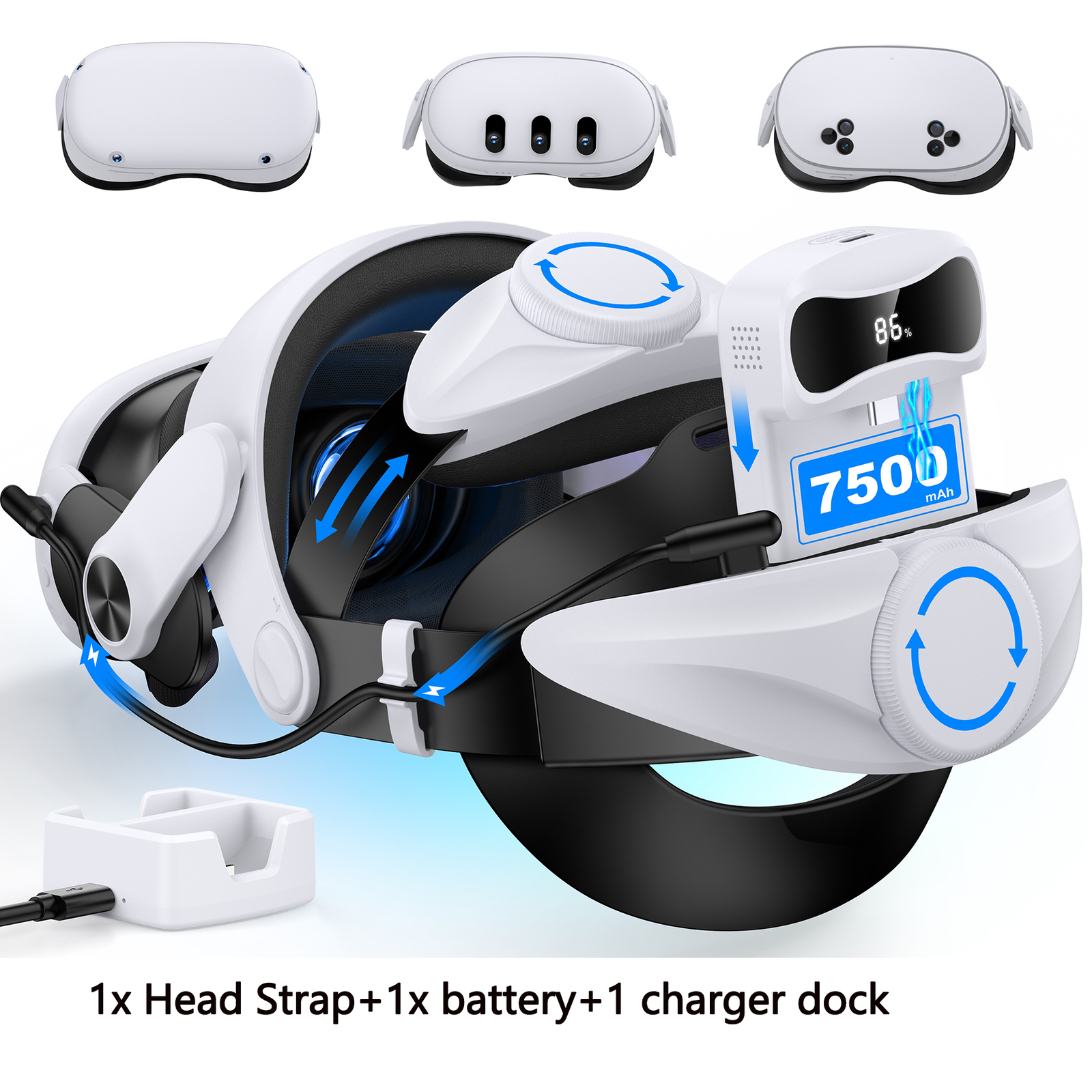 Battery Head Strap for Meta Quest 3S/3/2 and 7500mAh Rechargeable Battery Pack