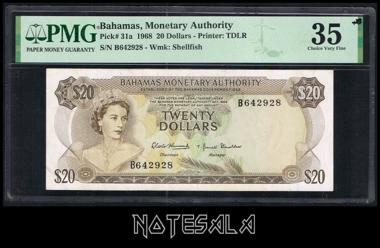BAHAMAS 20$ DOLLARS 1968 Pick-31a PMG 35 S/N AB642928 *SCARCE*