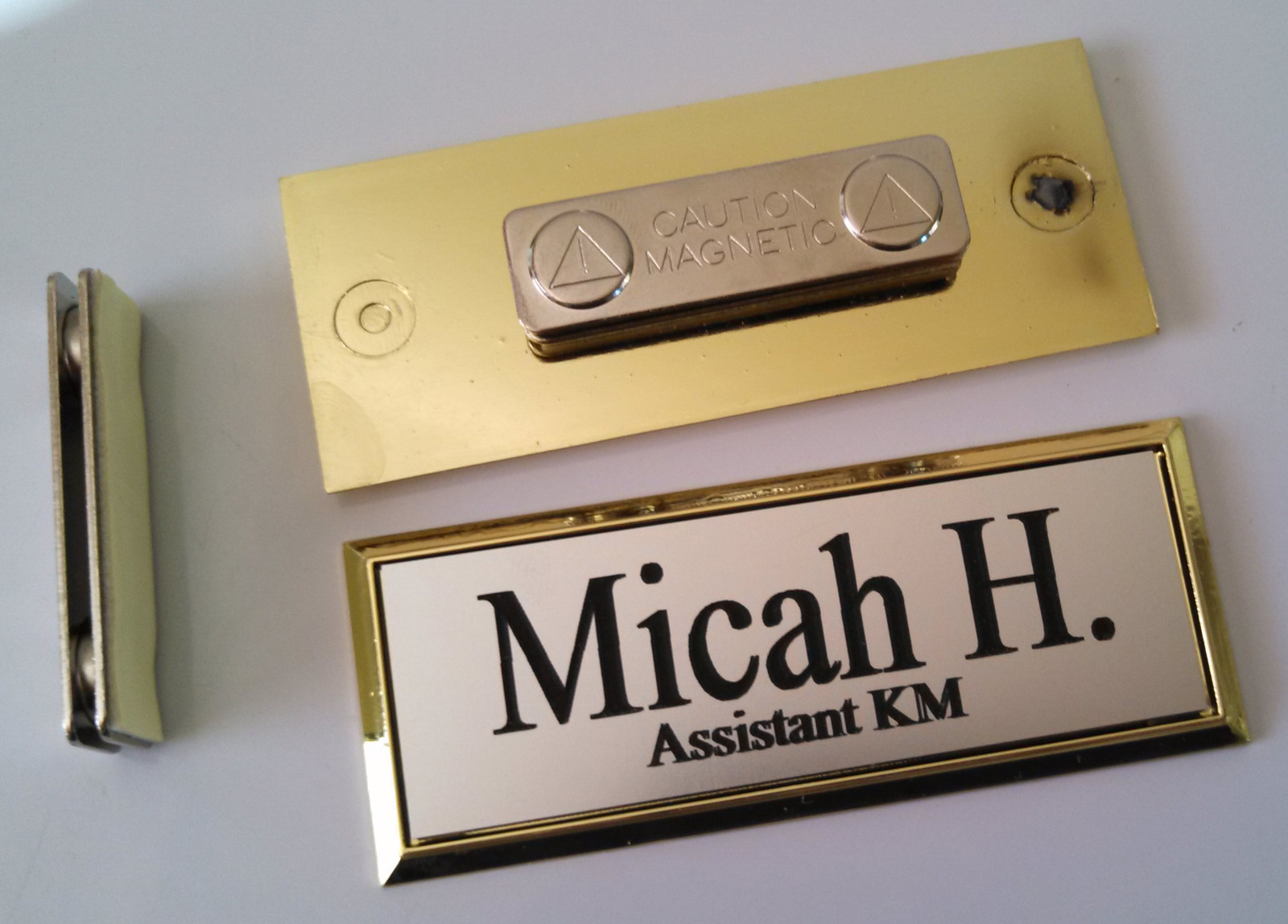 Employee Name Tags Silver on Gold Frame w/ magnetic (magnet) attachment 1x3
