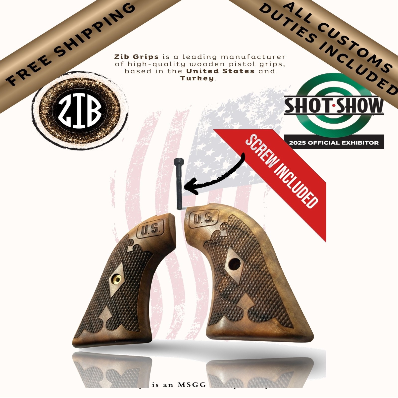 Zib Grips Heritage Rough Rider Walnut Grips, Checkered U.S. Stamp,Screw Included