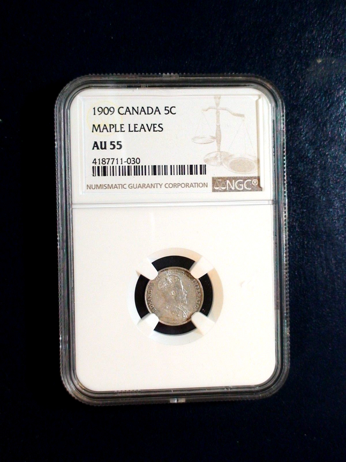 1909 Canada Five Cents NGC AU55 MAPLE LEAVES SILVER 5C Coin PRICED TO SELL!
