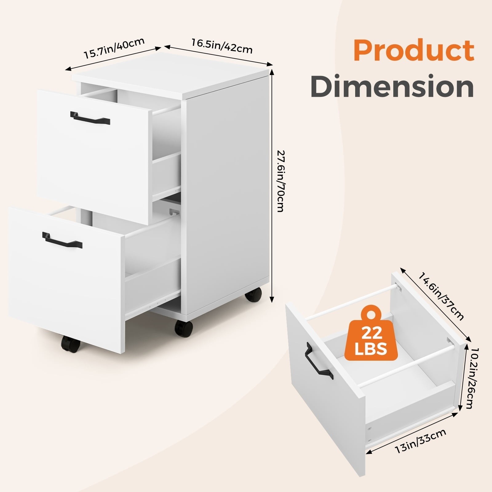 Gianna 2-Drawer Rolling File Cabinet With Lockable Wheels, Printer Stand, White