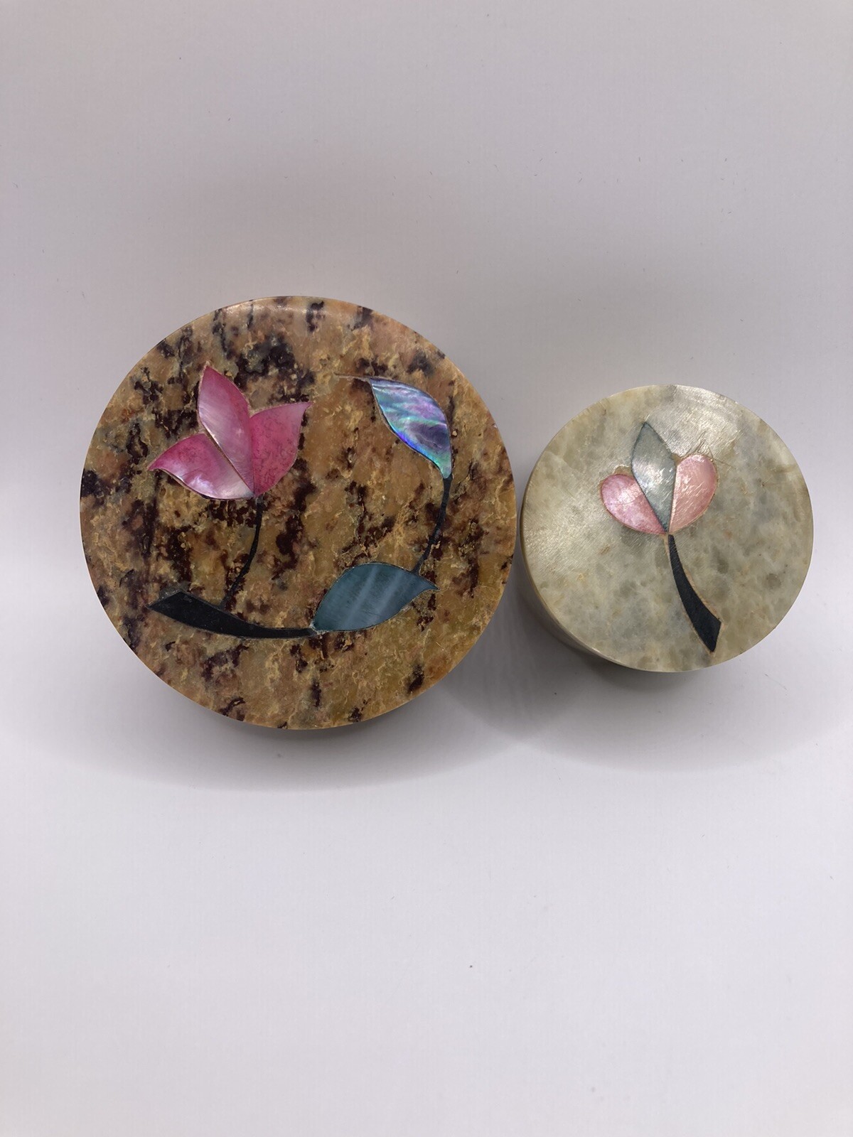set of 2 inlaid round stone jewelry/ pill boxes