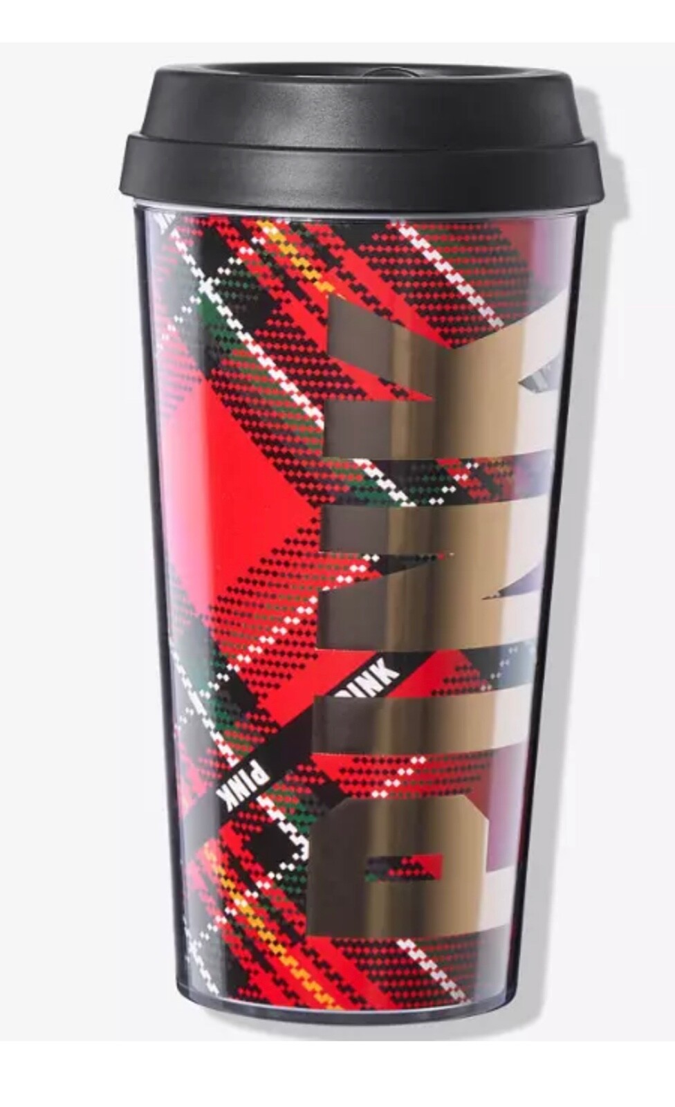 Victoria's Secret Pink Coffee Cup To Go Tumbler Red Plaid Gold Logo