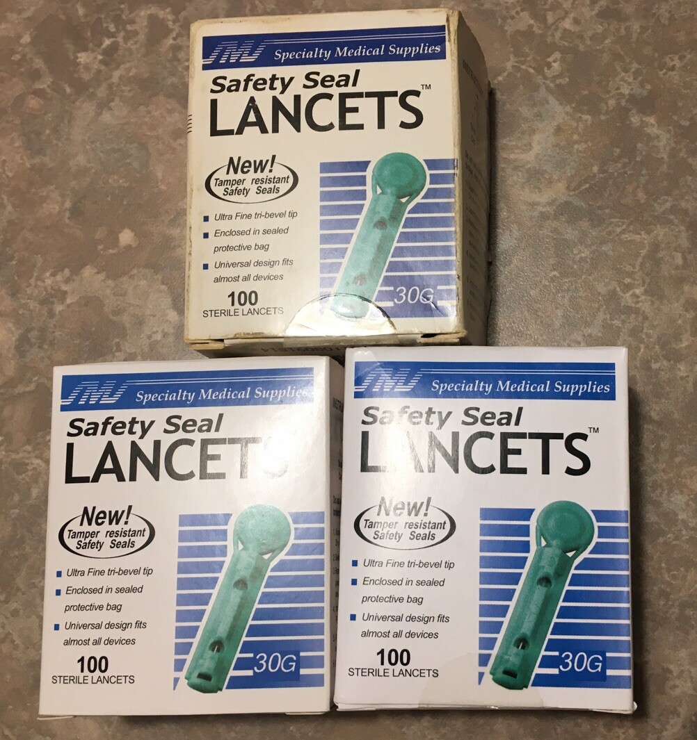 SMS 30G Safety Seal LANCETS Diabetic Ultra Fine Tip 300 Sterile 3 Bx X 100 New