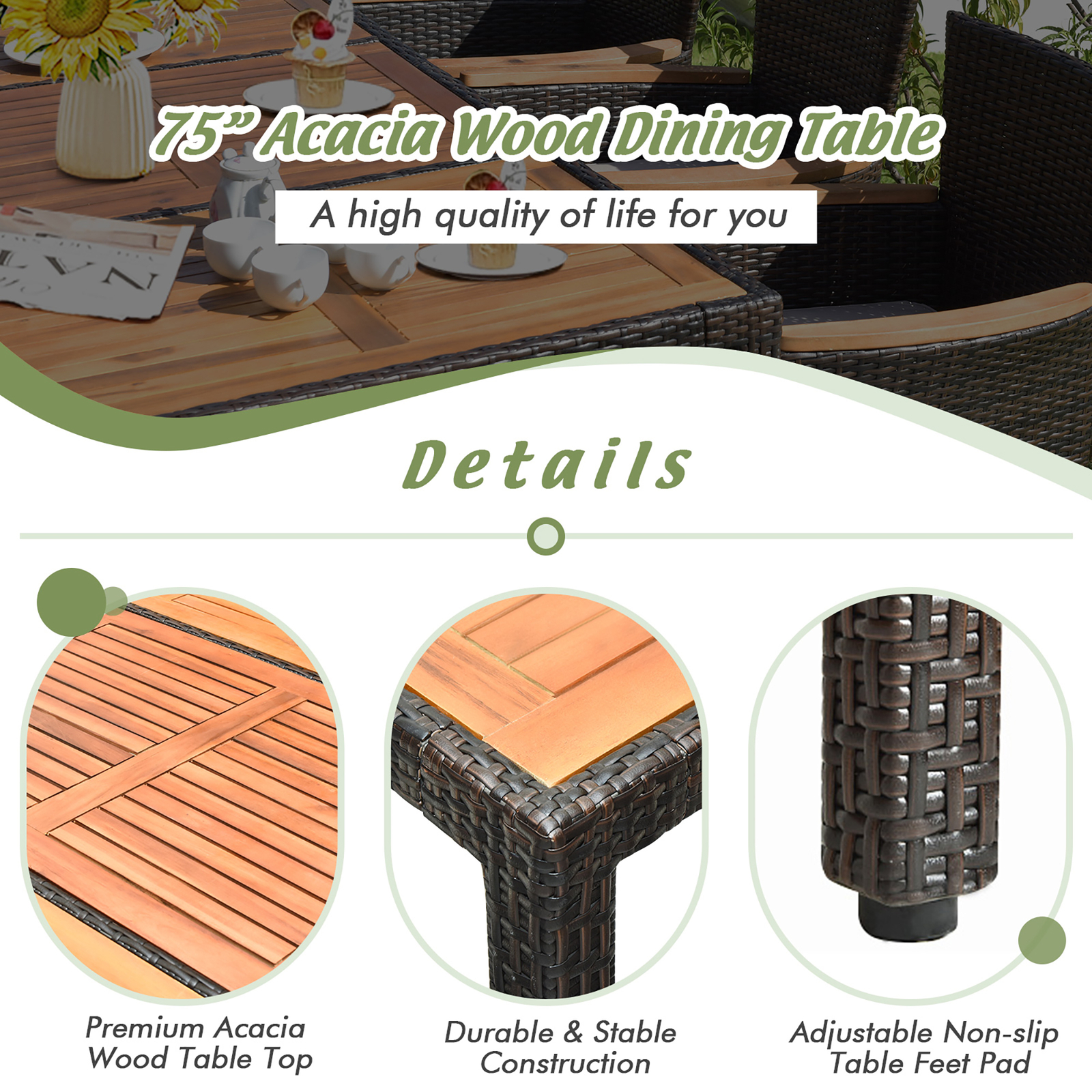 9PCS Rattan Patio Dining Set w/ 8 Stackable Cushioned Chairs Wooden Tabletop