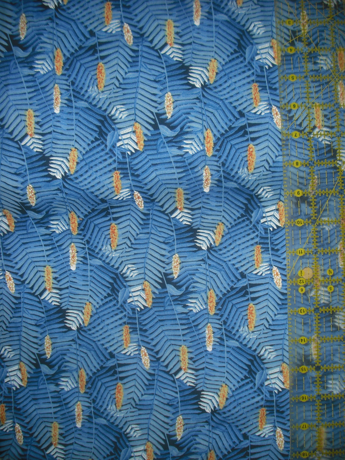 Fabric Visions GARDEN  QUILT FABRIC - Blue Fern Leaves w/Yellow Floral Center
