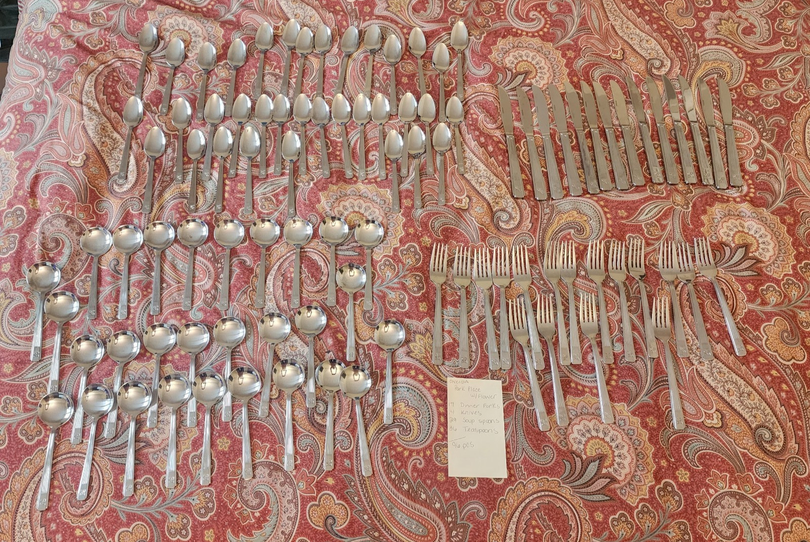 96 Pcs Oneida Stainless Flatware Park Place w/Flower Spoons, Forks, Knives