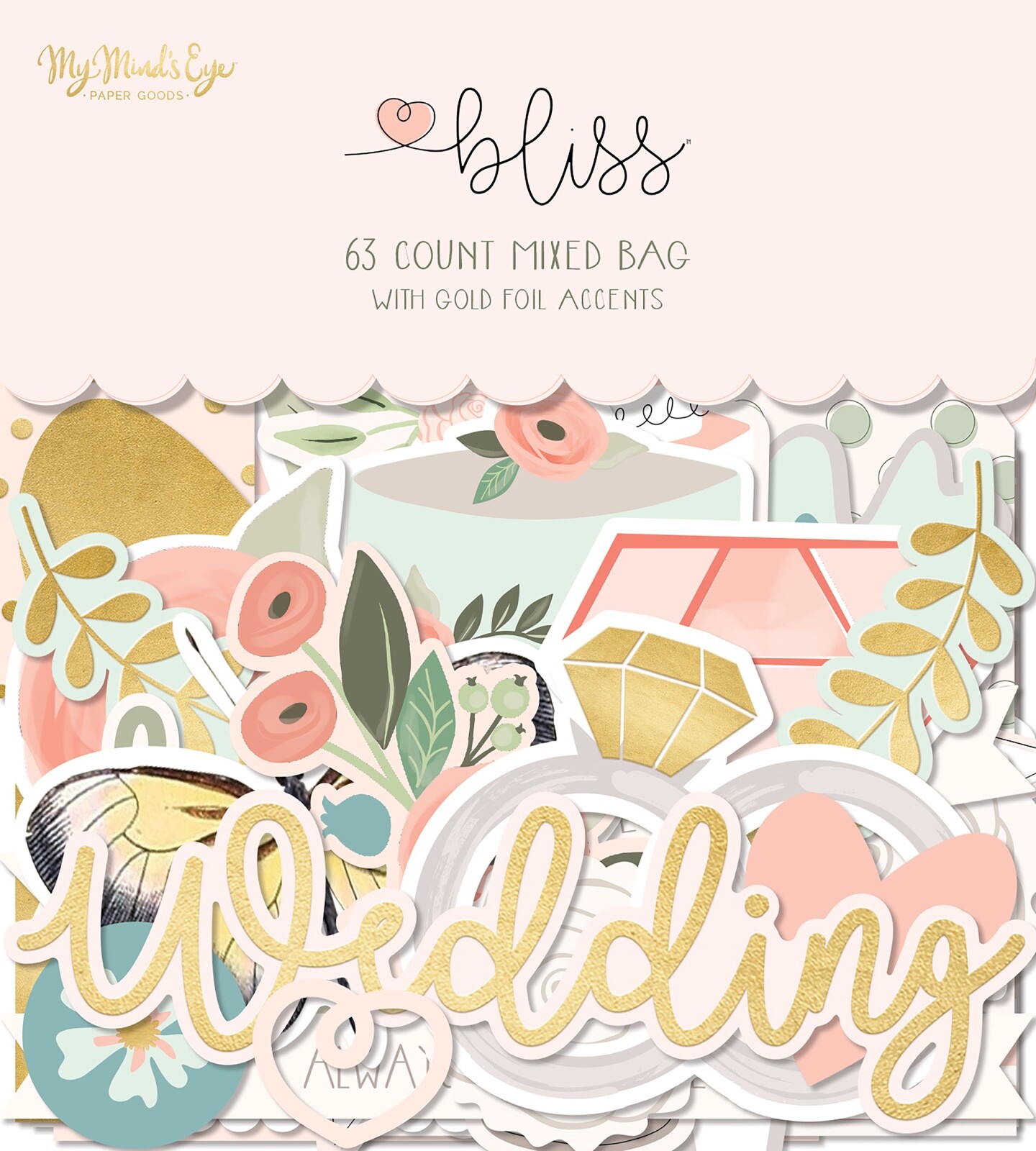 MY MIND'S EYE EPHEMERA MIXED BAG WITH GOLD FOIL ACCENTS BLISS 63 PIECES