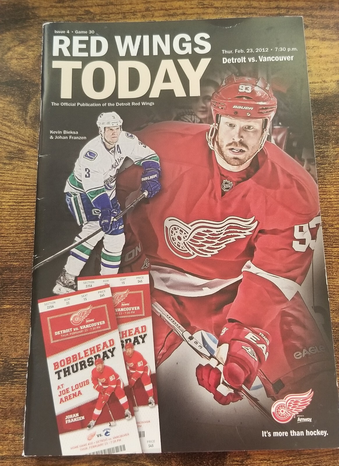 Detroit RED WINGS TODAY Vancouver CANUCKS 2012 Program Magazine FRANZEN