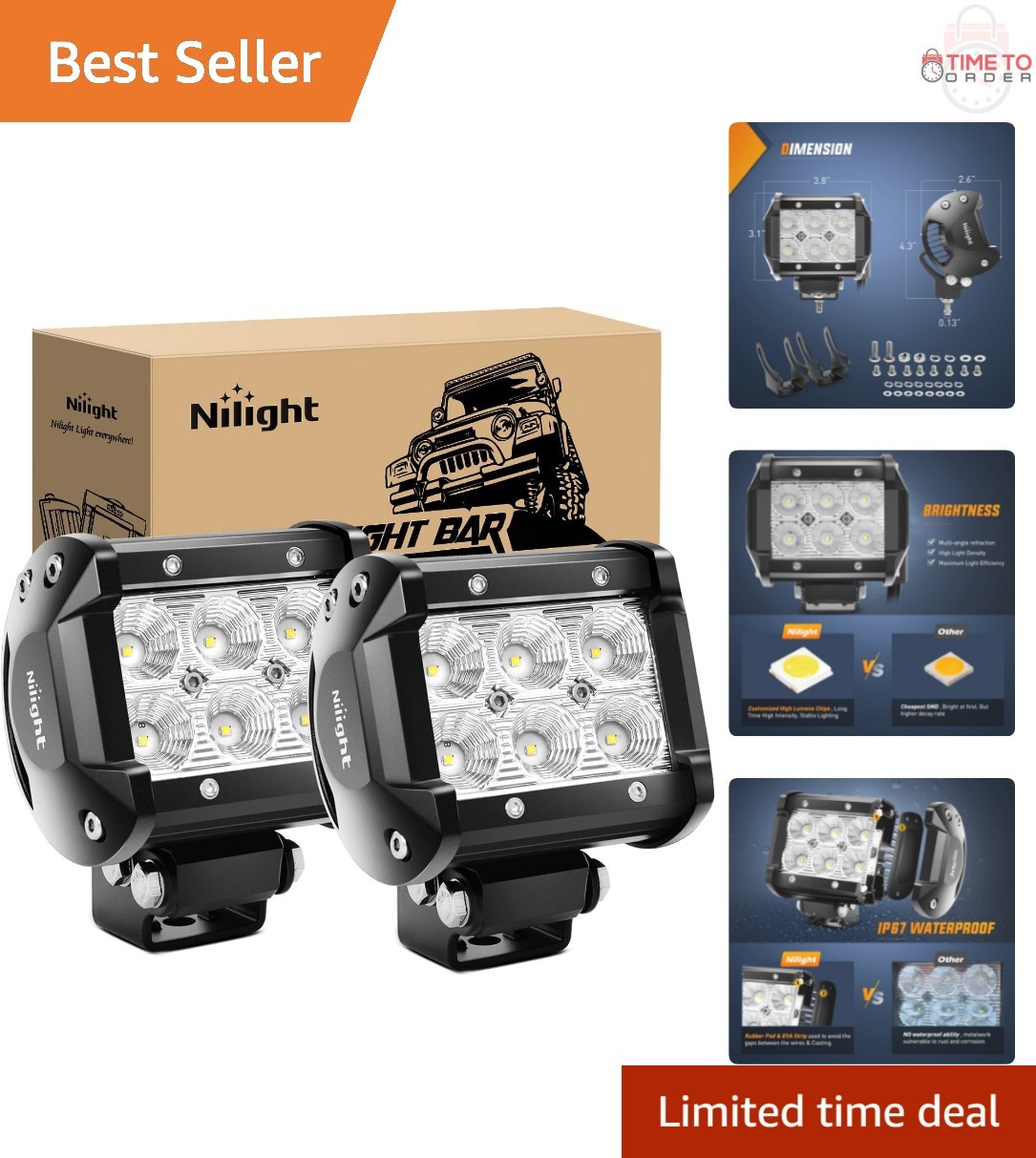 2pcs LED Pods Flood Light 18W Waterproof Dustproof for Off Road Vehicles