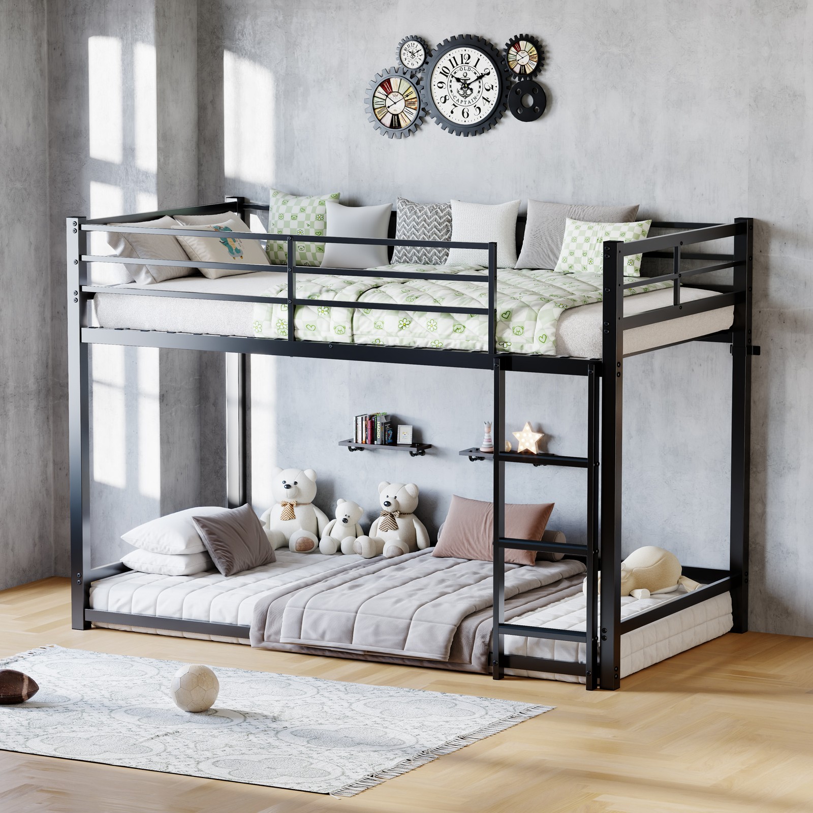 Twin Over Twin Metal Bunk Bed with Ladder, Guardrail, Black