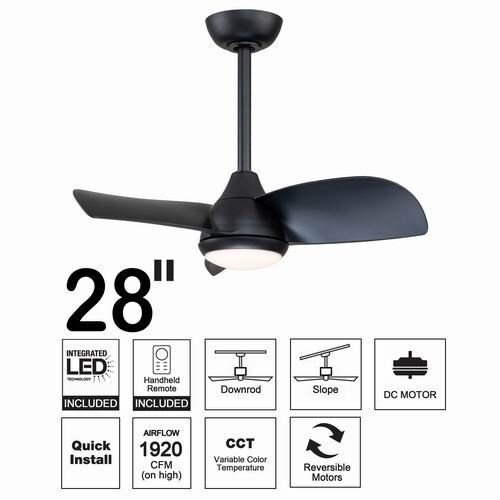 28" Black Ceiling Fan with Light & Remote, 3-Blade, LED, Indoor Downrod Mount