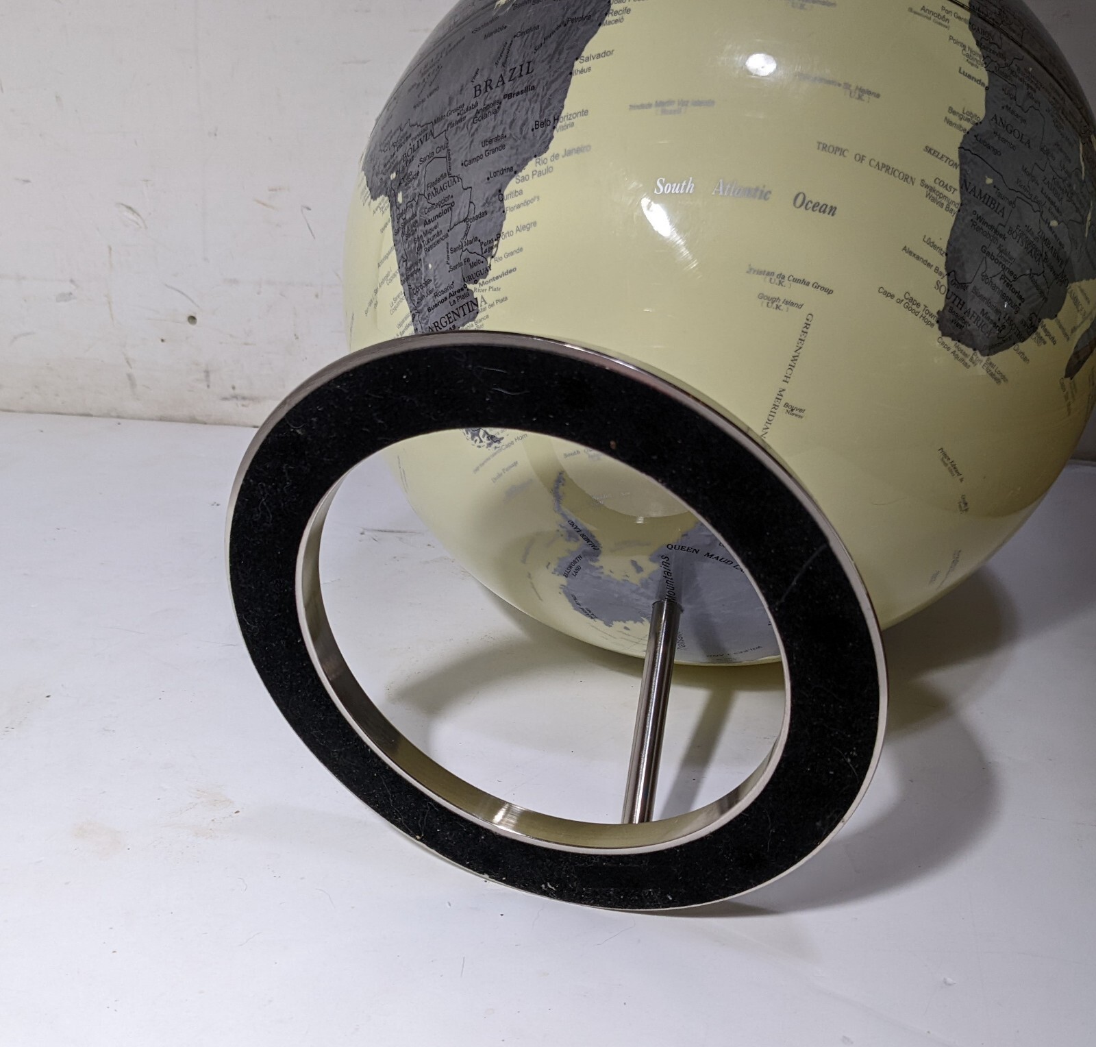 Modernist Desktop/Table 12" World Globe Stainless Steel Chrome Ring Base MCM