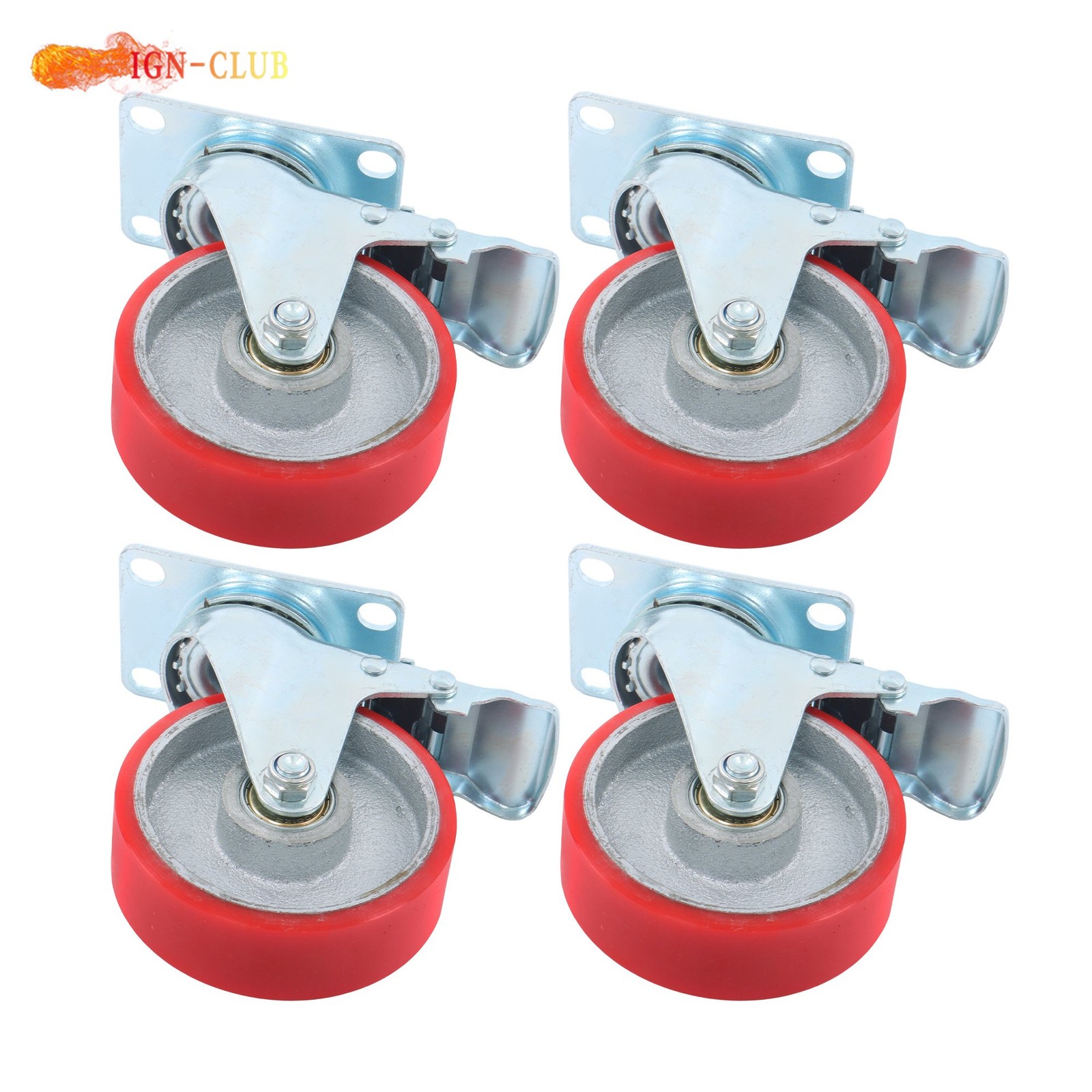 4 Pcs Swivel Caster Wheels 4 Inch Polyurethane Heavy Duty With Brake Galvanized