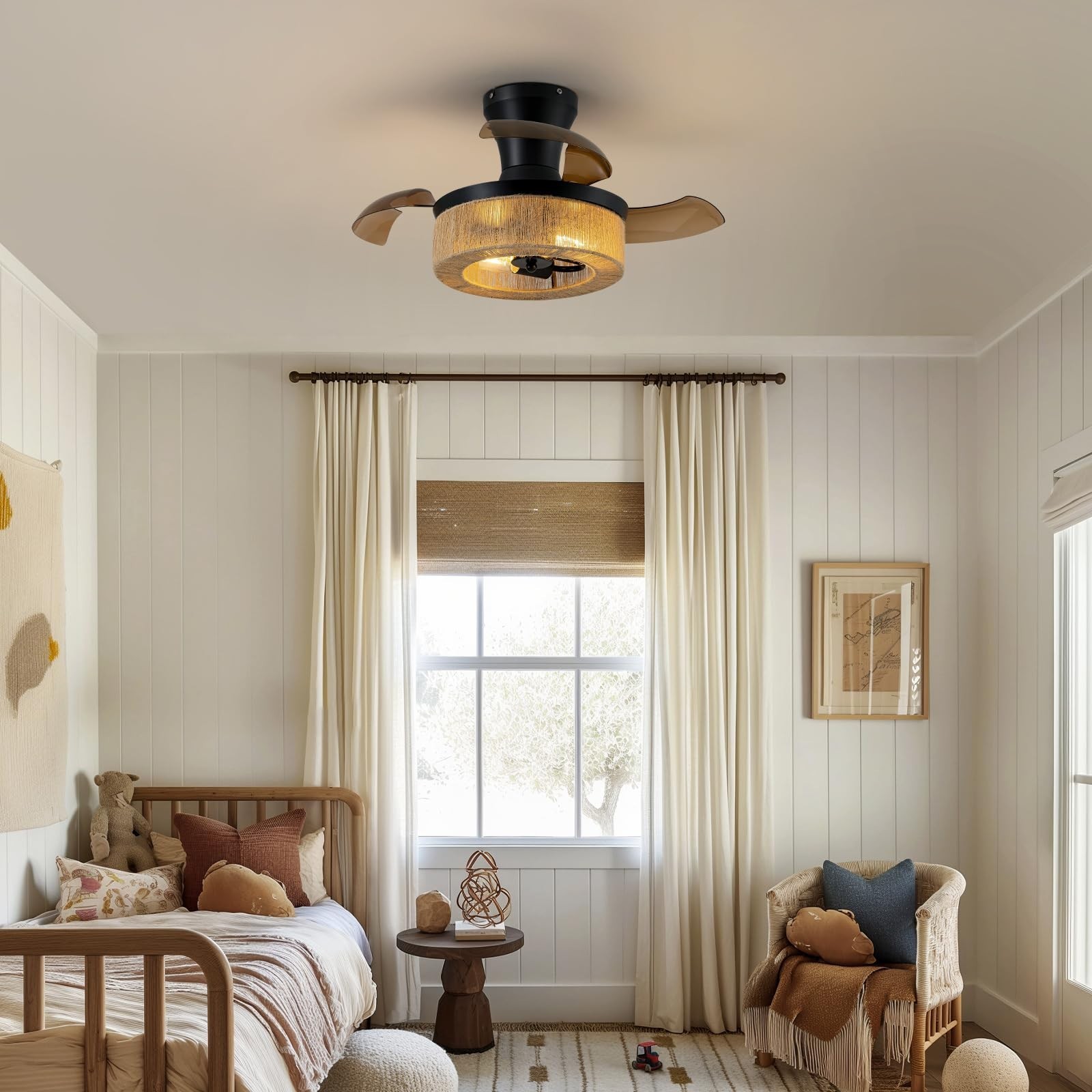 Spacora 28'' Retractable Ceiling Fan Lights, Flush Mount Small Caged Profile