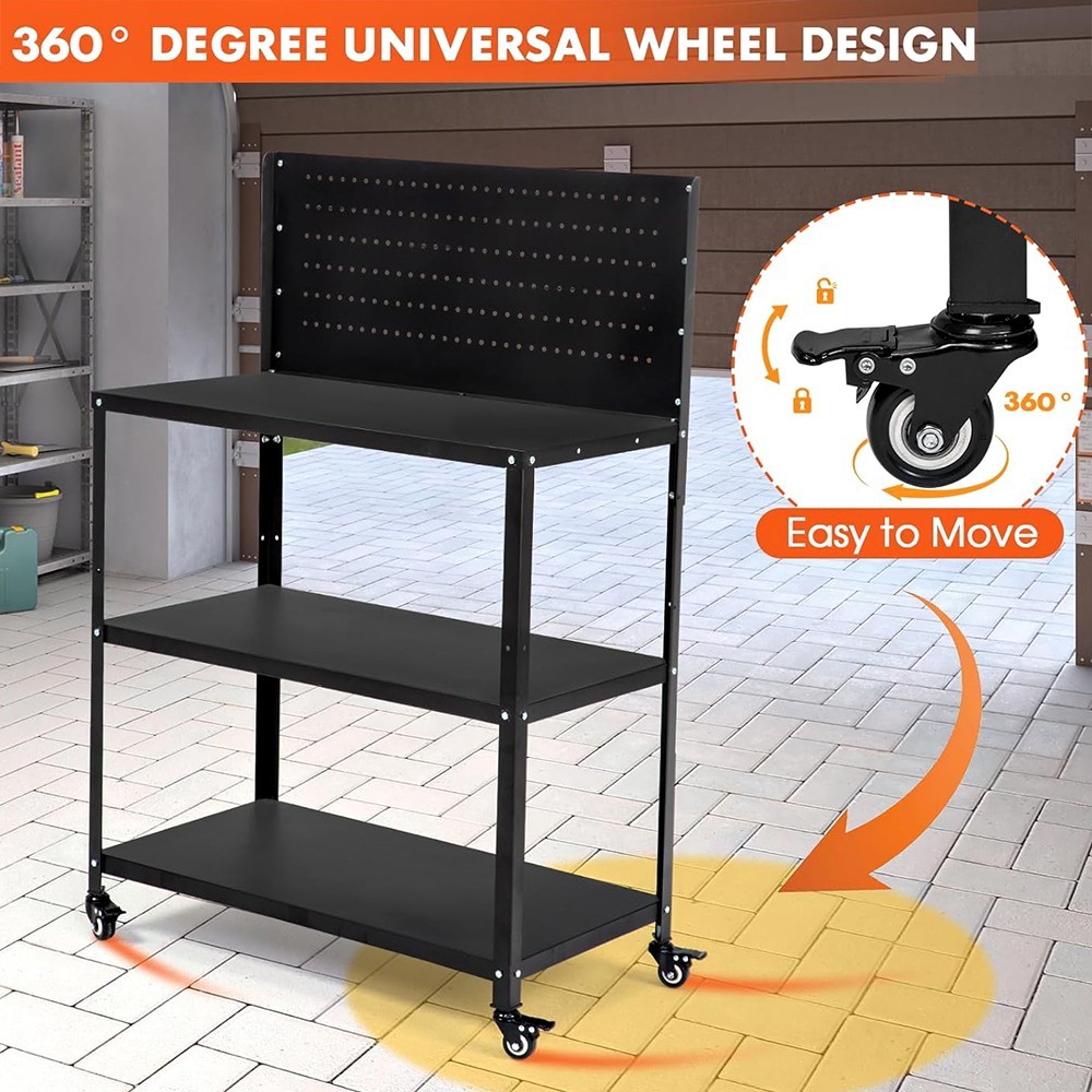 3-TIER HEAVY DUTY WORKBENCH WITH PEGBOARD LOCKABLE WHEELS FOR GARAGE WORKSHOP