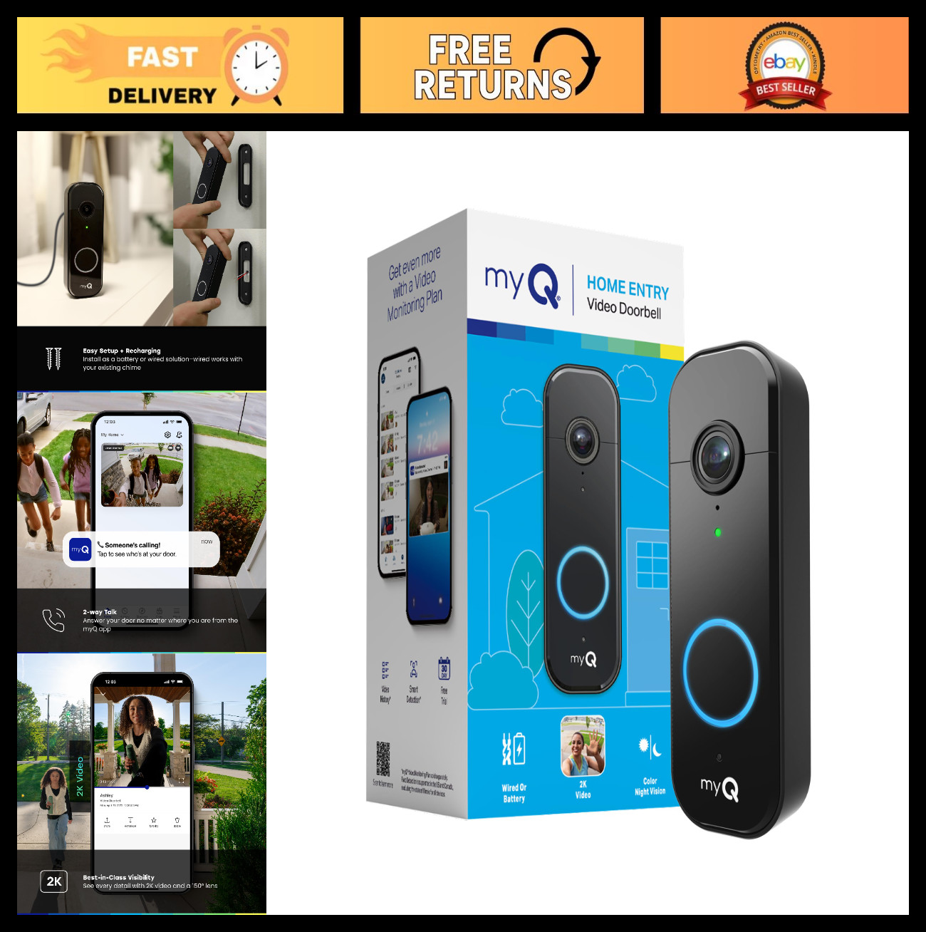 2K Video Doorbell Camera | Battery/Wired, Color Night Vision, 2-Way Talk, Motion