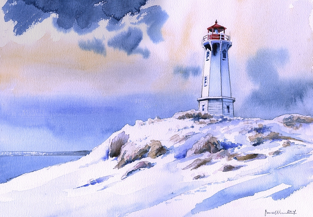 Louisbourg Point Lighthouse Snow, Cape Breton, Nova Scotia Watercolor Notecards
