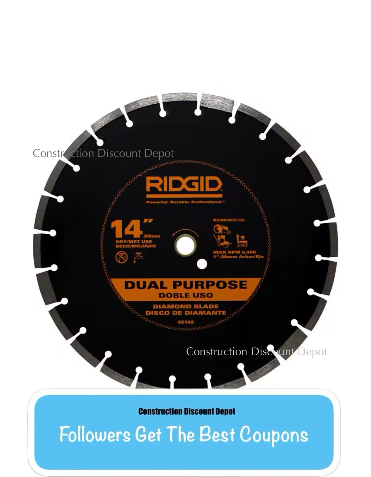 RIDGID 14 in. Dual-Purpose Walk-Behind Saw Diamond Blade 1" Arbor 20mm Adapter