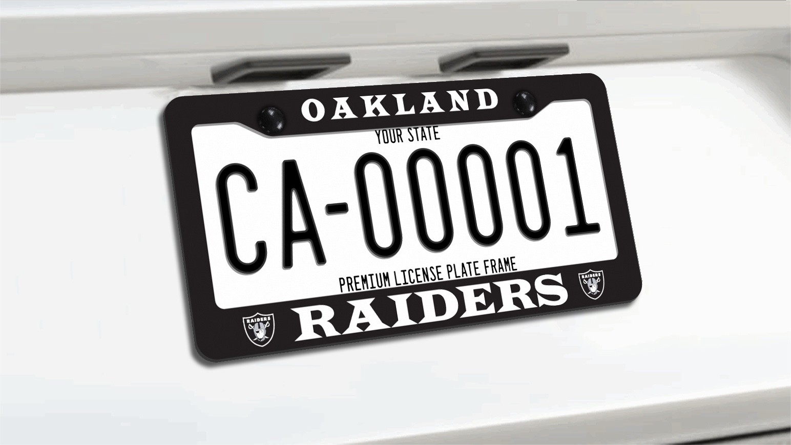License Plate Frame Metal Black Vinyl Letters/Logos for RAIDERS OAKLAND