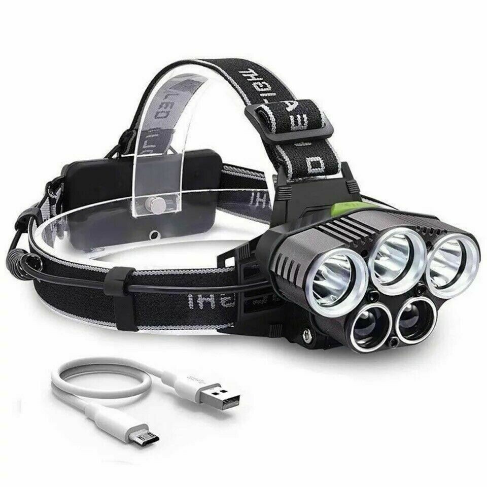 Super Bright 5 LED Zoom Headlamp USB Rechargeable Headlight Head Torch Headlight