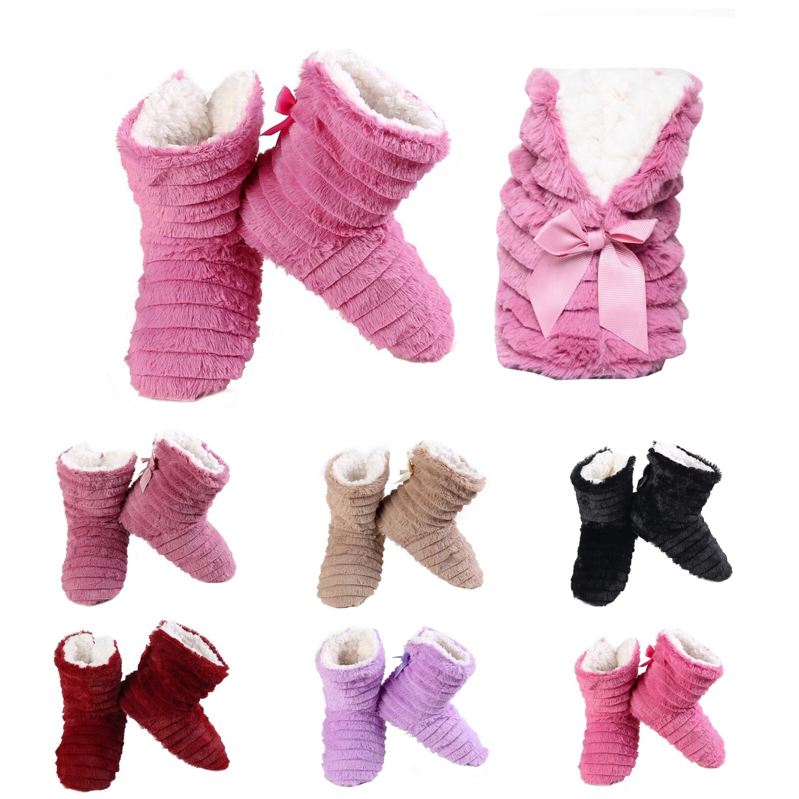 Women's Fuzzy Winter Slippers Booties Bow Accent Non-Slip Warm Fleece Indoor