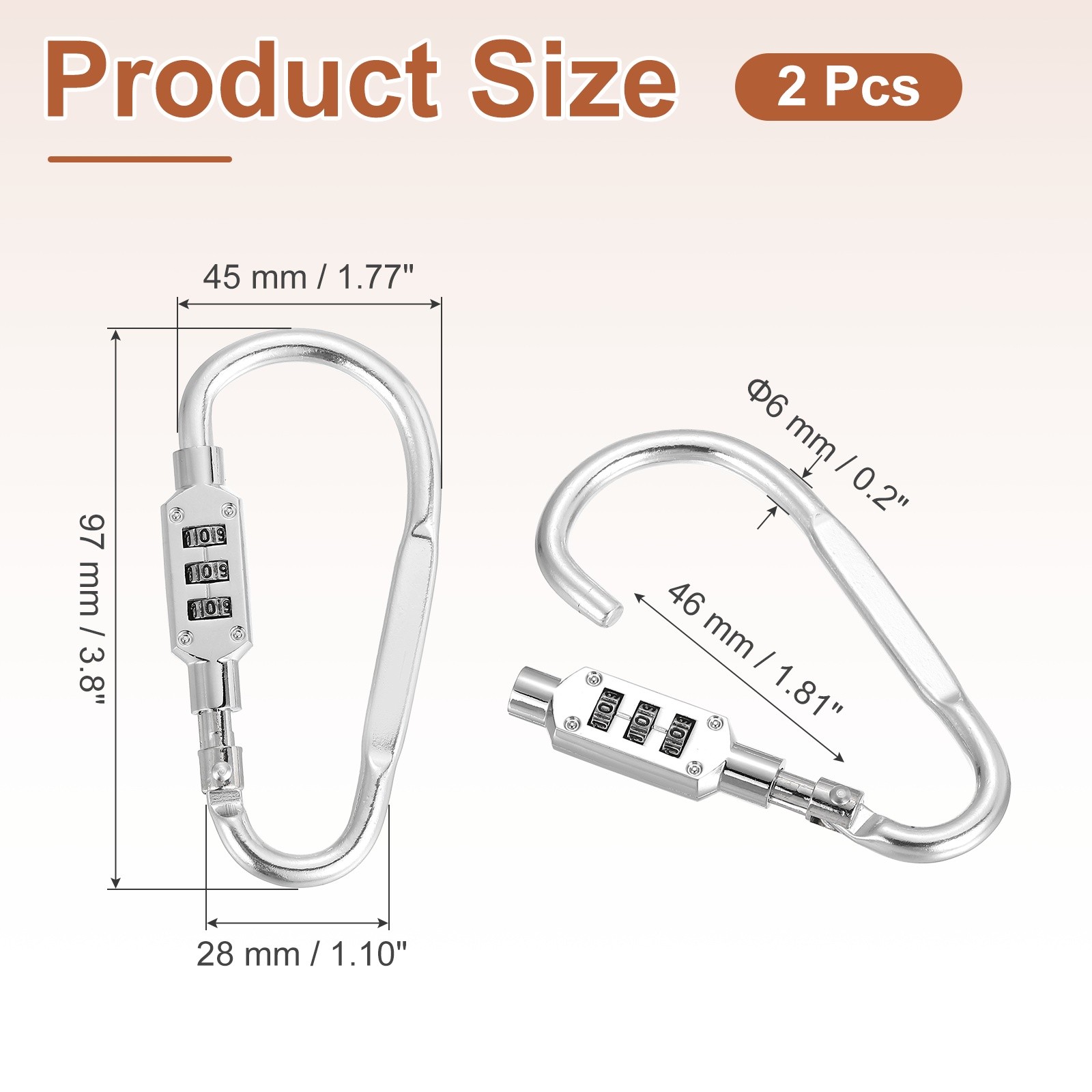 2 Pcs 3.8" x 1.8" D-Shaped 3-Digit Code Combination Lock D-Ring Clip, Silver