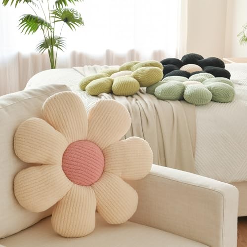 Flower Shaped Throw Pillow,Soft Daisy Pillow with 19.6" x 19.6" Ivory