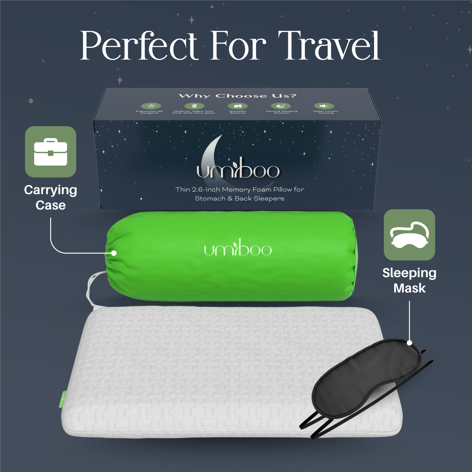 Umiboo by Focus Thin 2.5 In Memory Foam Pillow for Stomach and Back Sleepers