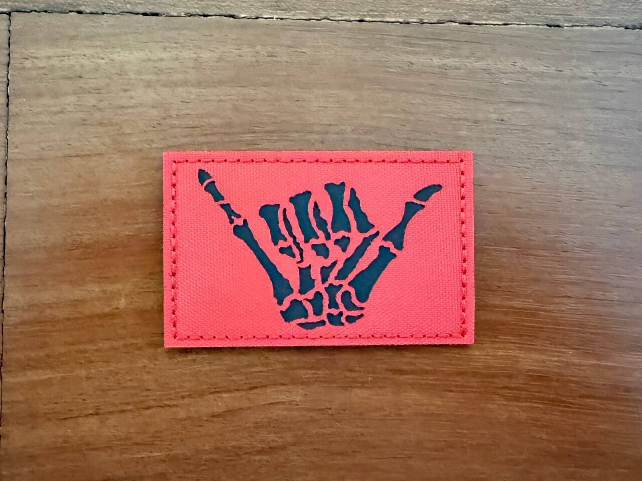 Skeleton Shaka Hand Gesture, Red Design Morale Badge - Russian Tactical Patch