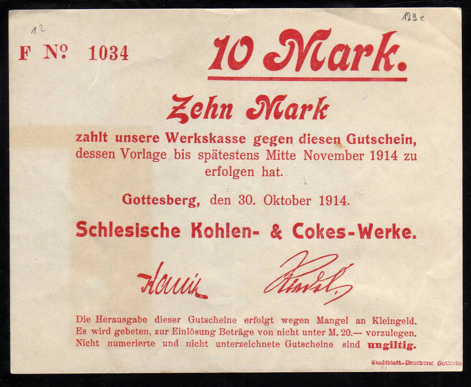 GOTTESBERG (SCHLESISCHE KOHLEN & COKES WERKE)  - GERMANY NOTGELD -  10 MARK