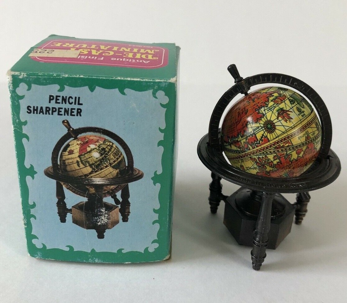 Vintage Die Cast Pencil Sharpener Miniature Globe Retro Rotating Earth Map