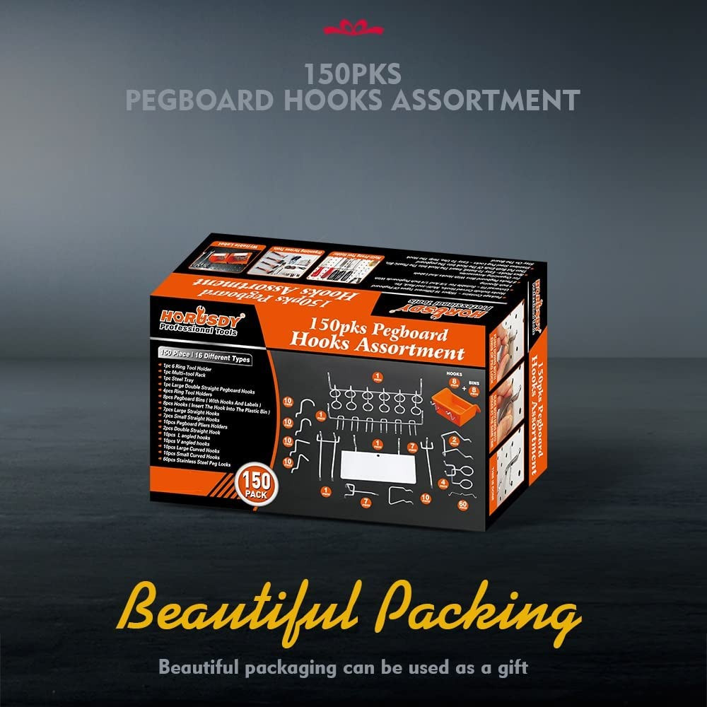 150-Piece Pegboard Hooks Assortment, Pegboard Accessories with Pegboard Bins for