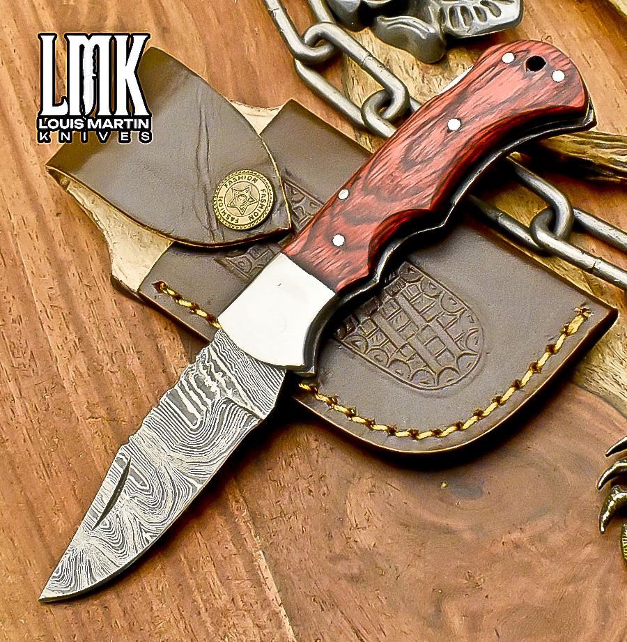 LMK Hand Forged Twist Damascus Folding Knife Hard Wood Back Lock EDC Closeout