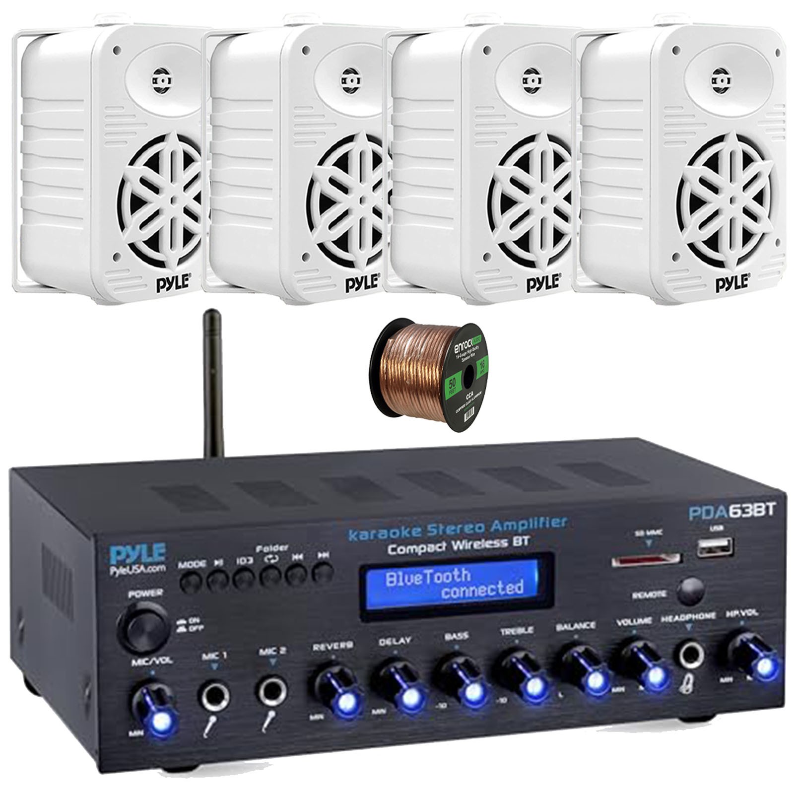 Pyle PDA63BT Wireless Bluetooth Receiver, 4x 5.25" 500W Max 2-Way Speakers, Wire