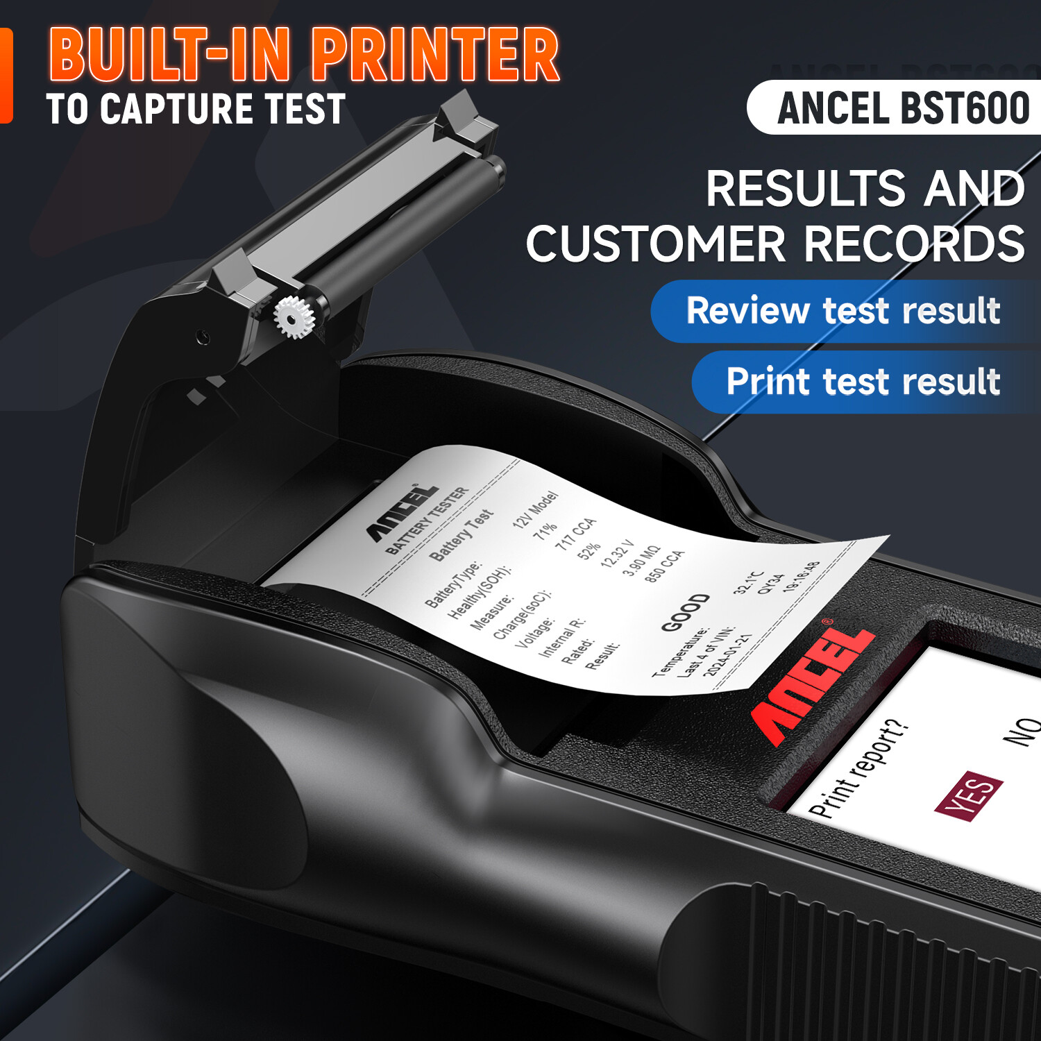 ANCEL BST600 Car Battery Tester with Printer - 12V/24V, 100-2000 CCA, Black