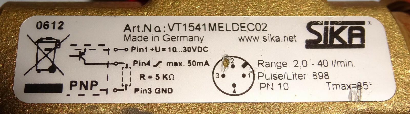 SIKA VT154MELDEC02 Turbine Flow Sensor Range 2-40 L/Min Pulse/Liter 898 NEW